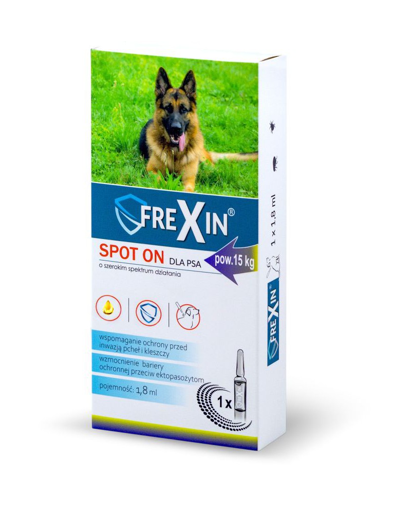 Krople na pchły kleszcze ektopasożyty dla psów pow.15 kg Frexin Spot-On 1,8 ml Krople na pchły kleszcze ektopasożyty dla psów pow.15 kg Frexin Spot-On 1,8 ml
