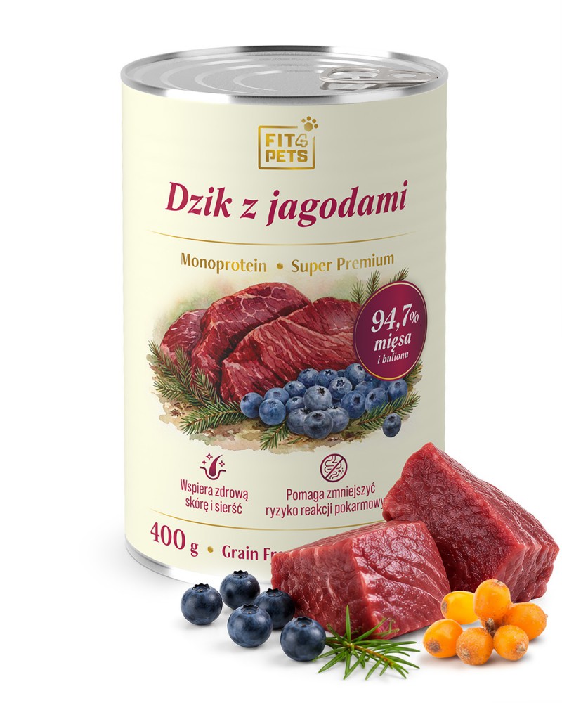 Karma dla psa pełnoporcjowa Fit4Pets dzik z jagodami 400g