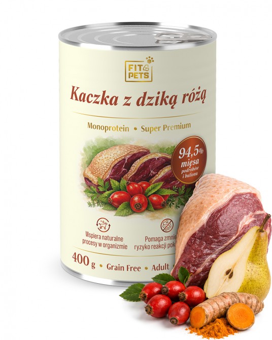 Karma dla psa pełnoporcjowa Fit4Pets kaczka z dziką różą 400g
