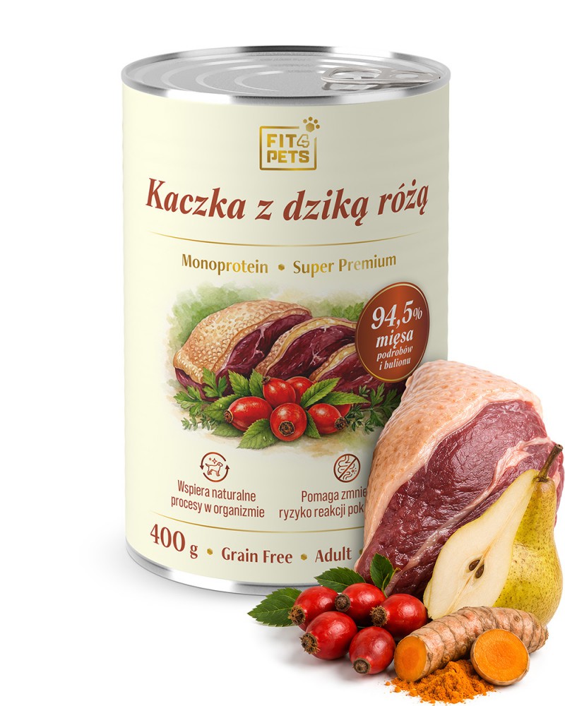 Karma dla psa pełnoporcjowa Fit4Pets kaczka z dziką różą 400g